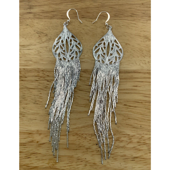 Silver Tone Fringe Tassel Dangle Boho French Hook Fashion Statement Earrings NEW - Picture 1 of 7